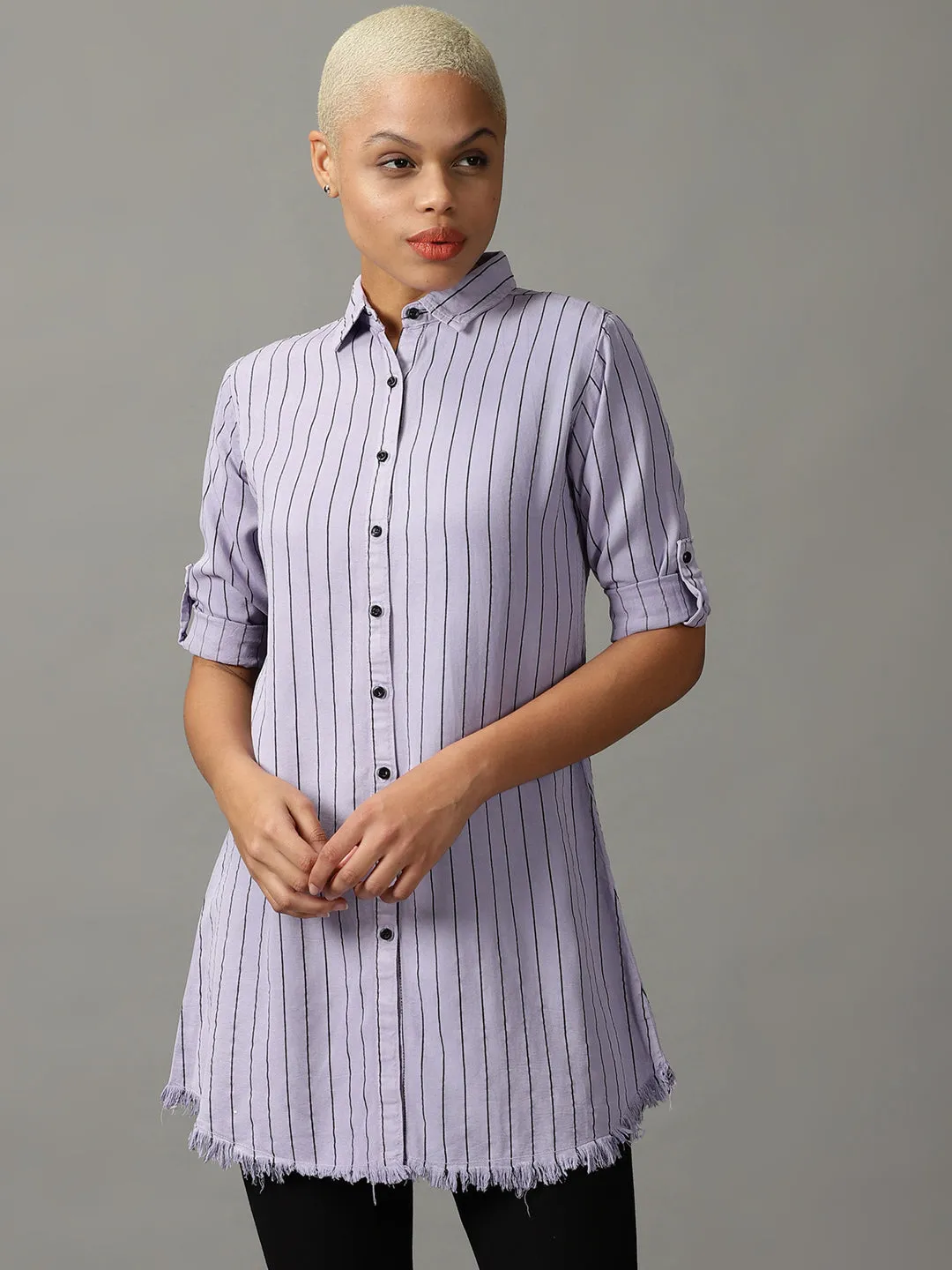 Women Lavender Striped Casual Longline Shirt