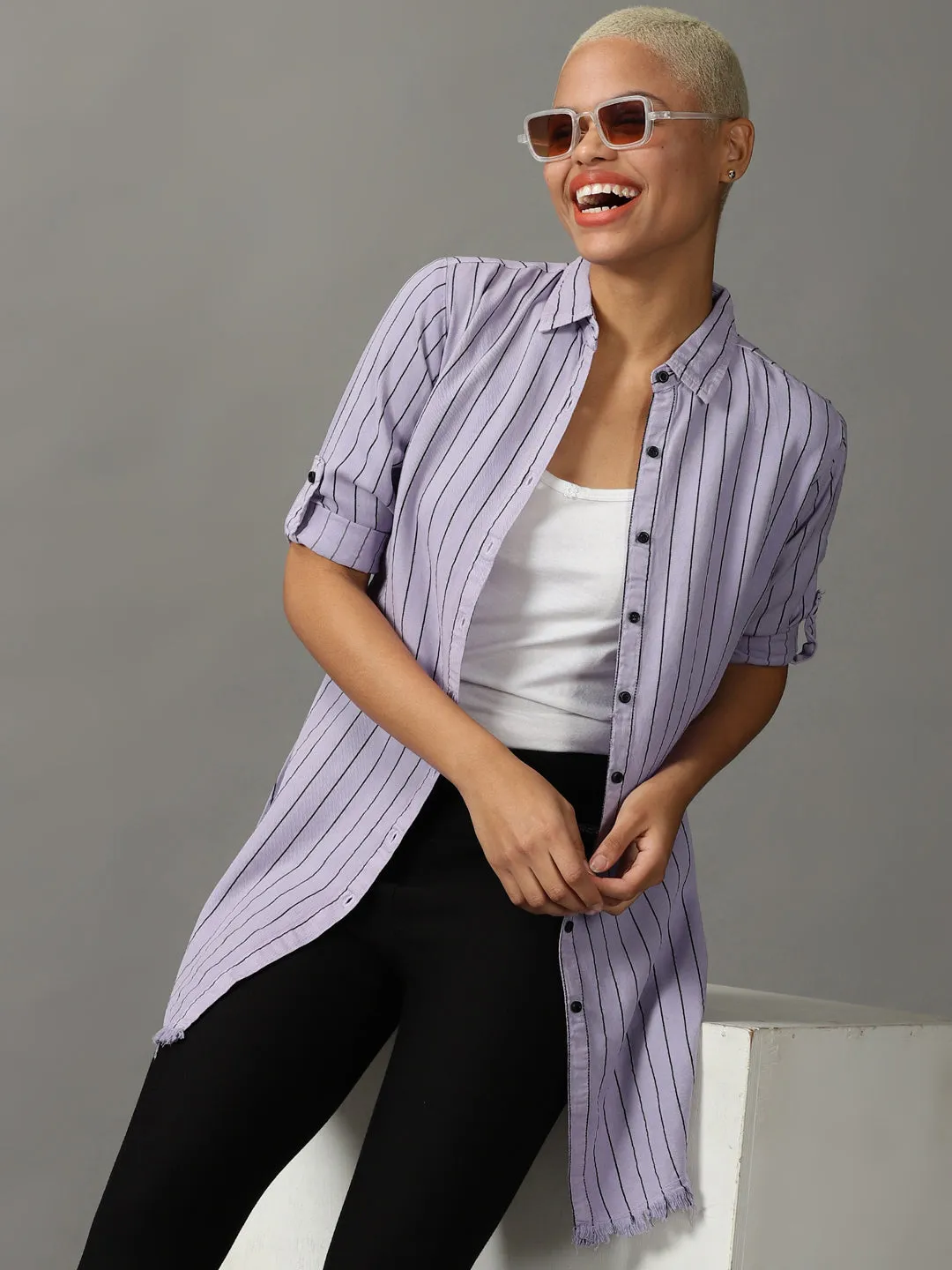 Women Lavender Striped Casual Longline Shirt
