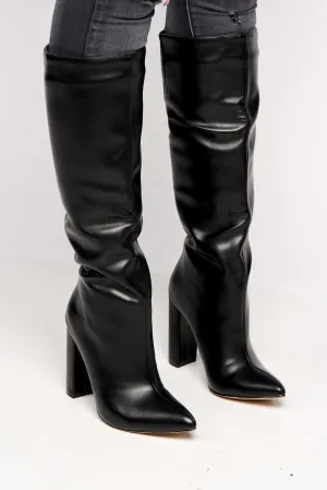 Woya Pointed Toe Block Heel Knee High Boots in Black